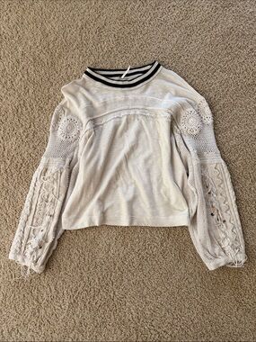 Free People Cream Knit Pullover with Crochet Lace Balloon Sleeves